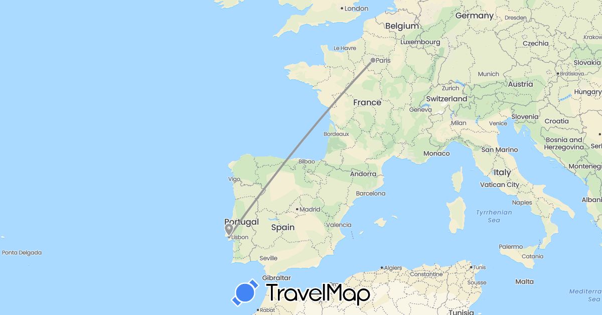 TravelMap itinerary: plane in France, Portugal (Europe)